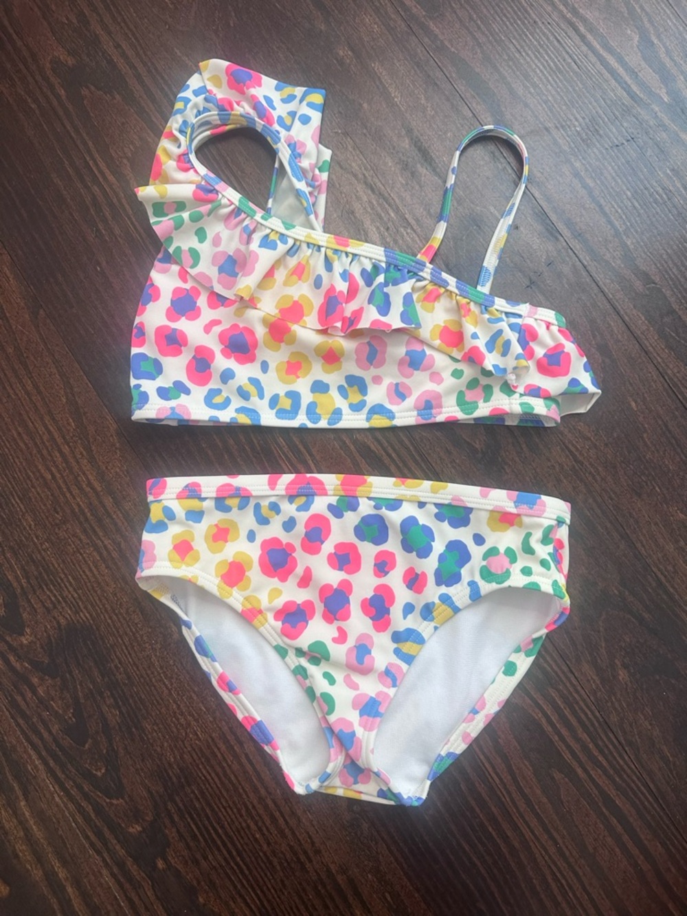 Mini Boden Multicolor Leopard Ruffle Bikini in Pink Blue Yellow Green Purple